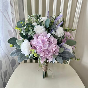 Boho lavender wedding bouquet, violet lilac hydrangea premium white roses & greenery bridal bouquet, eucalyptus sage bridesmaid flowers