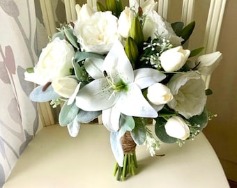 Wedding bouquet, tulips & greenery bridal bouquet, real touch lily silk wedding flowers, ivory white ranunculus neutral bridesmaid flowers