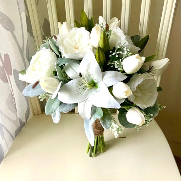 Wedding bouquet, tulips & greenery bridal bouquet, real touch lily silk wedding flowers, ivory white ranunculus neutral bridesmaid flowers