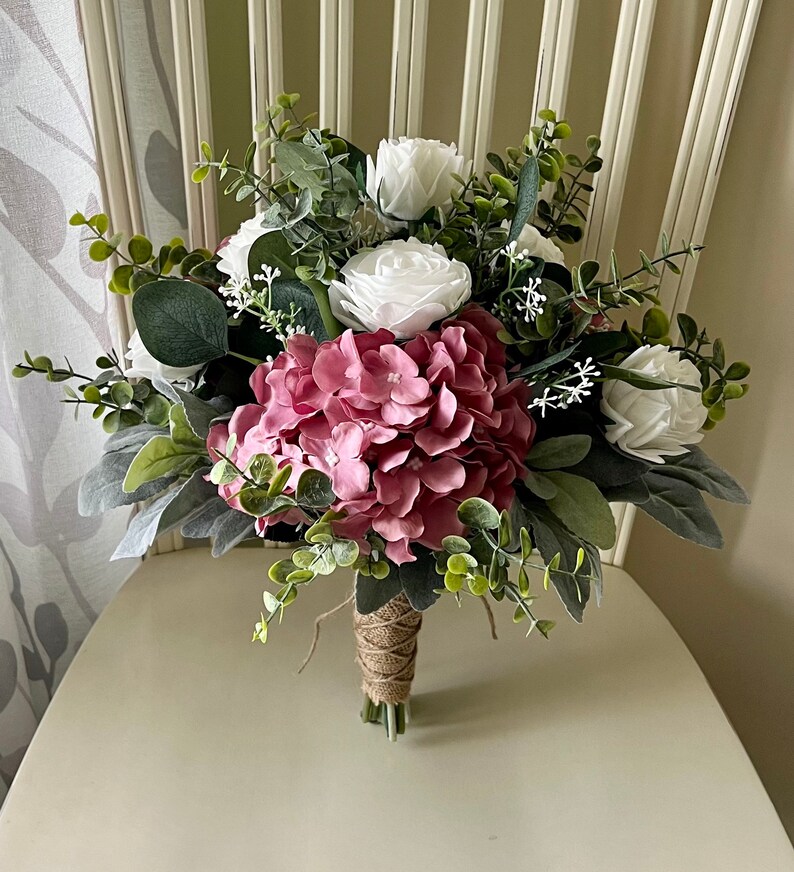 Boho wedding bouquet, mauve hydrangea white roses & greenery bridal bouquet, dusty rose wedding bouquet, eucalyptus sage bridesmaid flowers zdjęcie 6