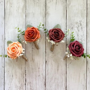 Burnt orange rose boutonniere with eucalyptus, light orange wedding flower boutonnieres,homecoming boutonniere groom prom terracotta