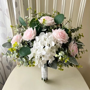 Boho blush wedding bouquet, real touch light pink roses,  natural white hydrangea & greenery bridal bouquet, eucalyptus sage bridesmaids
