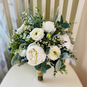 Boho bridal bouquet, white peony wedding bouquet, garden style ivory ranunculus wedding flowers, rustic classic eucalyptus bridesmaid