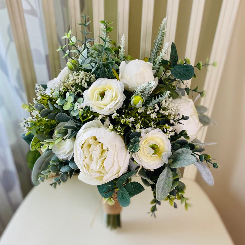 Boho bridal bouquet, white peony wedding bouquet, garden style ivory ranunculus wedding flowers, rustic classic eucalyptus bridesmaid Bride as shown