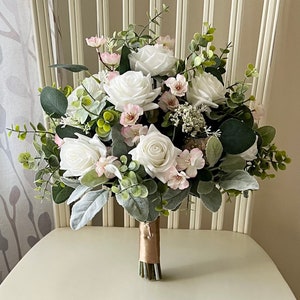 Boho wedding bouquet, cherry blossom, real touch white roses & greenery bridal bouquet, eucalyptus sage wedding bouquet, bridesmaid flowers