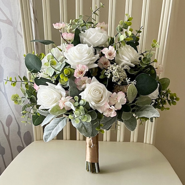 Boho wedding bouquet, cherry blossom, real touch white roses & greenery bridal bouquet, eucalyptus sage wedding bouquet, bridesmaid flowers