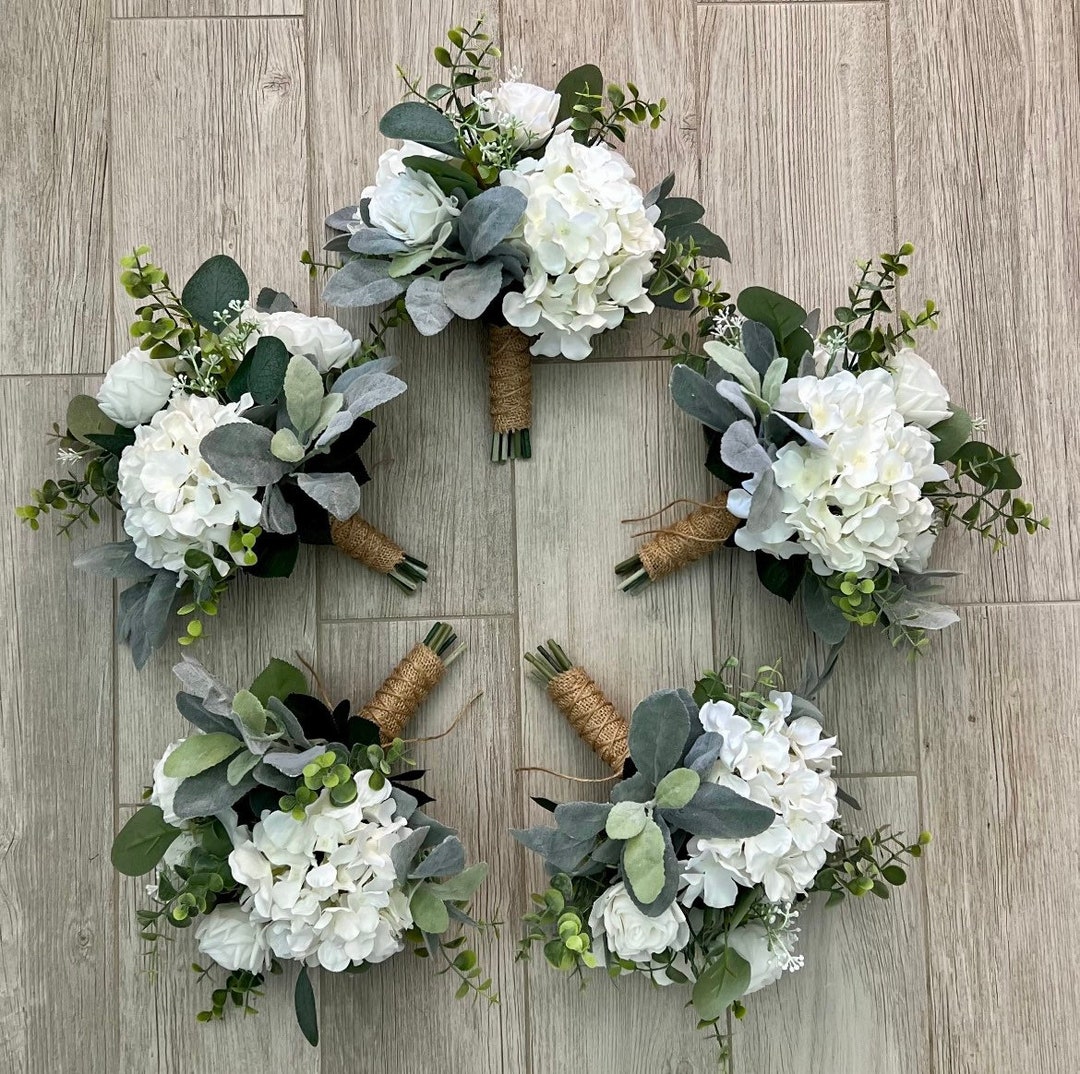 Boho Bridesmaid Bouquets Rustic Hydrangea Premium White Roses Greenery Bridal Bouquet Wedding Bouquet eucalyptus Sage Wedding Flowers Etsy