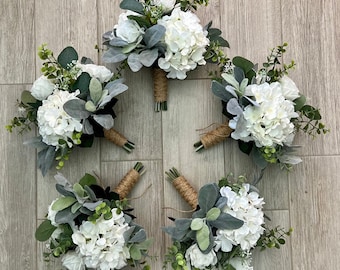 Boho bridesmaid bouquets, rustic  hydrangea premium white roses greenery bridal bouquet, wedding bouquet,eucalyptus sage wedding flowers