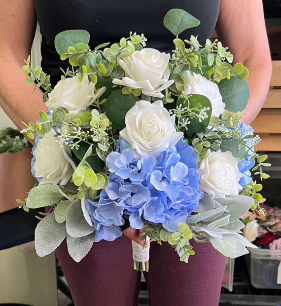 Boho Wedding Bouquet, Premium White Rose Sky Light Baby Blue
