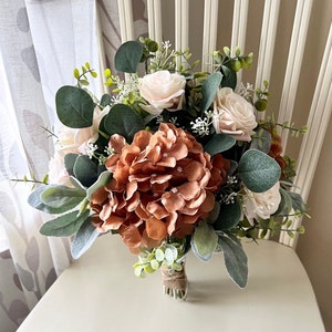Boho terracotta wedding bouquet, hydrangea real touch champagne roses & greenery fall bridal bouquet, eucalyptus sage tan bridesmaid flowers