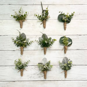 Boho greenery boutonnières with eucalyptus, fern lambs ear ficus wedding boutonnieres, faux silk homecoming prom boutonnière, babies breath