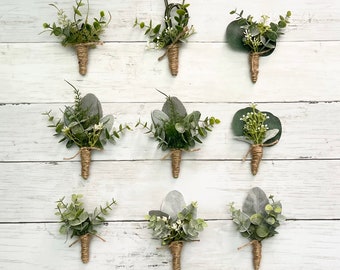 Boho greenery boutonnières with eucalyptus, fern lambs ear ficus wedding boutonnieres, faux silk homecoming prom boutonnière, babies breath