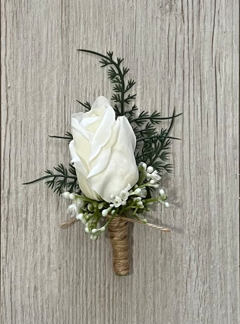 Rose bud boutonniere with fern, realistic ivory rose wedding boutonnieres, faux silk homecoming boutonniere, real touch prom boutonniere image 7