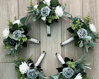 Dusty blue bridesmaid bouquets with white rose & navy babies breath greenery  bridal bouquet, eucalyptus silk wedding flowers, boutonnières