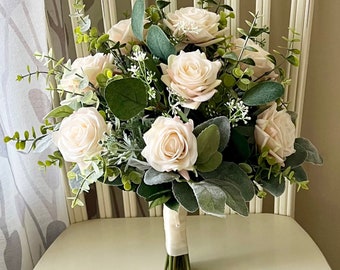 Boho wedding bouquet, premium champagne real touch roses & greenery bridal bouquet, eucalyptus sage wedding bouquet, faux bridesmaid flowers