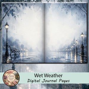 May include: A two-page digital journal spread featuring a watercolor illustration of a rainy park scene. The image depicts a bench, tall street lamps, and trees under a soft, misty blue and gray sky with raindrops falling on a wet pavement.