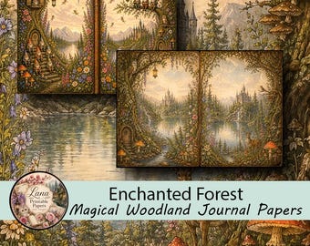 Páginas para Diário de Sucata da Floresta Encantada, Papéis Imprimíveis de Contos de Fadas na Floresta, Álbum de Recortes Digital de Castelo Fantástico, Kit de Diário com Gnomos, Veados e Corujas