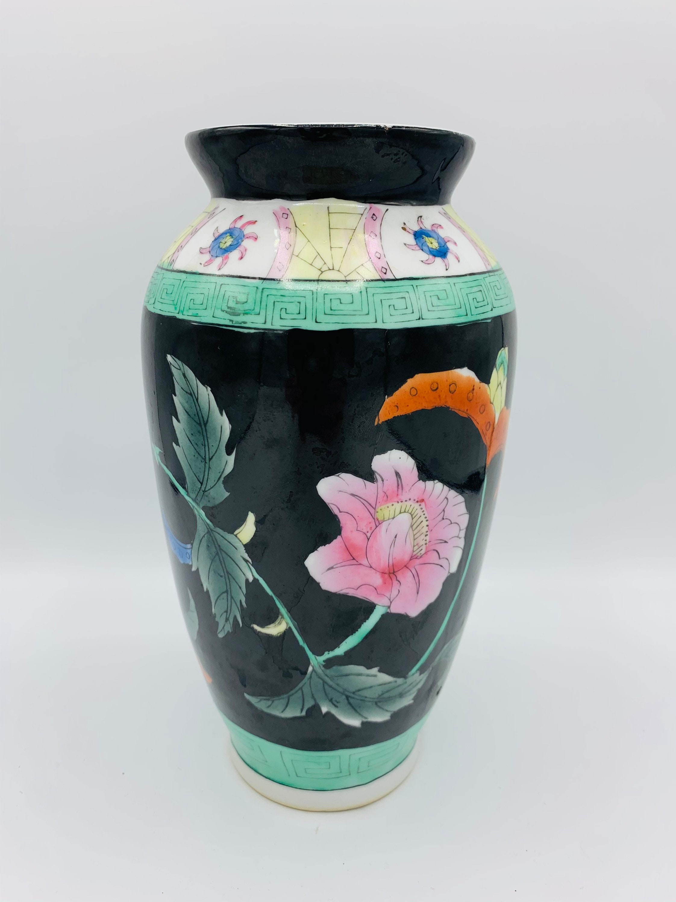 Black and Colorful Chinoiserie Vase Hand Painted Decorative Etsy