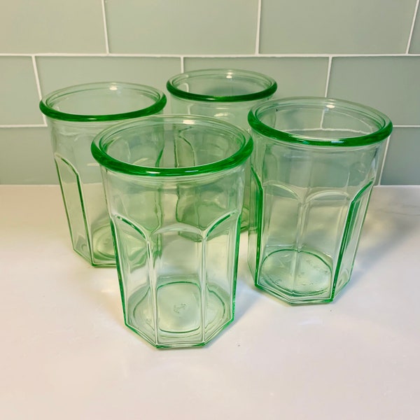 think green tea, water Anchor glasses, thick Anchor glass set, set of four tea glasses, green glass drink ware, vintage green glasses water