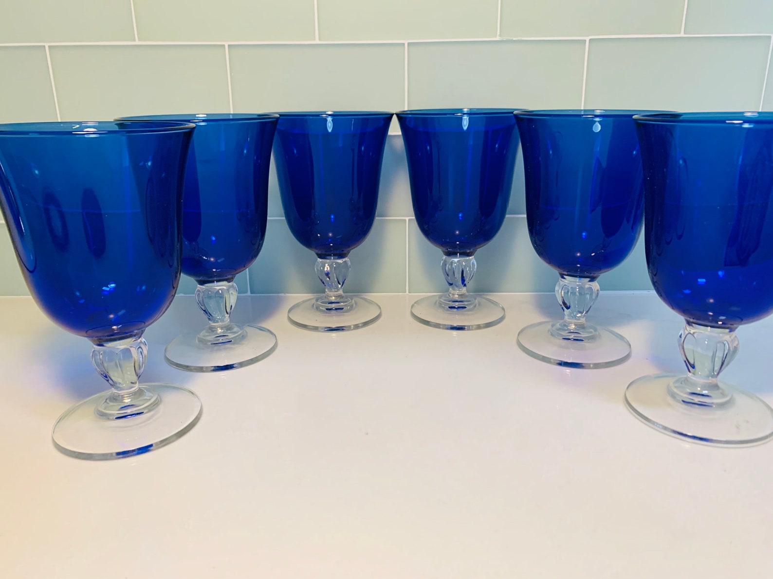 Luminarc vintage blue wine water goblet glass set of six Etsy
