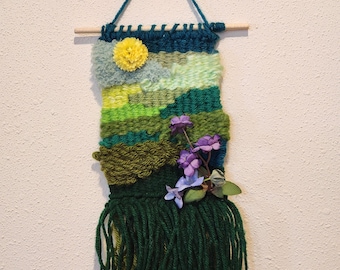 Tejido abstracto de paisaje con flores y árboles