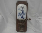 Vintage Antique Wall Mounted Coffee Grinder Blue White Windmill Cafe