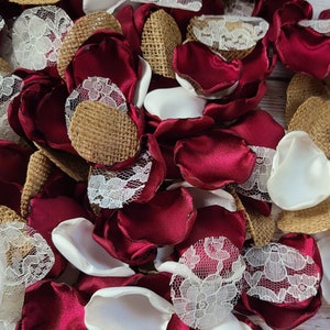 Burgundy Wedding Decor, Ivory Rose Petals, Rustic Flower Girl Petals, Country Barn Wedding Aisle Decor, Western Burlap & Lace flower Petals