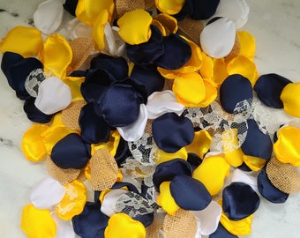 Yellow Sunflower Wedding Decor, Navy Blue Flower Petals, Burlap Lace Rose Petals, Boho Chic Bridal Brunch, Rustic Barn Wedding Aisle Decor