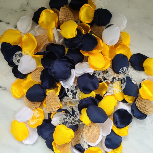 Yellow Sunflower Wedding Decor, Navy Blue Flower Petals, Burlap Lace Rose Petals, Boho Chic Bridal Brunch, Rustic Barn Wedding Aisle Decor