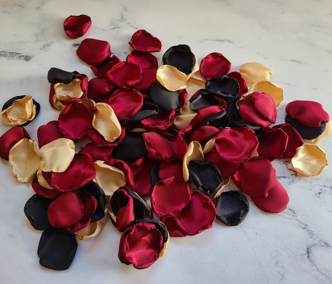 Burgundy Wedding Decor, Black Rose Petals, Gold Flower Girl Petals