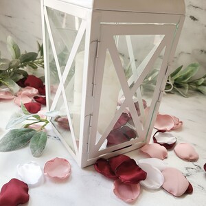 A mix of burgundy, ivory, and blush pink rose petals sprinkled around lantern, for flower girl petals, baskets, and memory or reception table scatter, backdrop accents, bridal shower decor. For the future bride planning a classic or boho wedding ceremony or fall bridal brunch event.