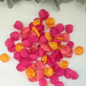 Fuchsia Pink, Sunset Orange Rose Petals for Whimsical Wedding Color Ideas. perfect for flower Girl tossing, reception tablescape, confetti scatter, engagement photo props, ceremony backdrop accents, flower girl baskets. future bride ideas