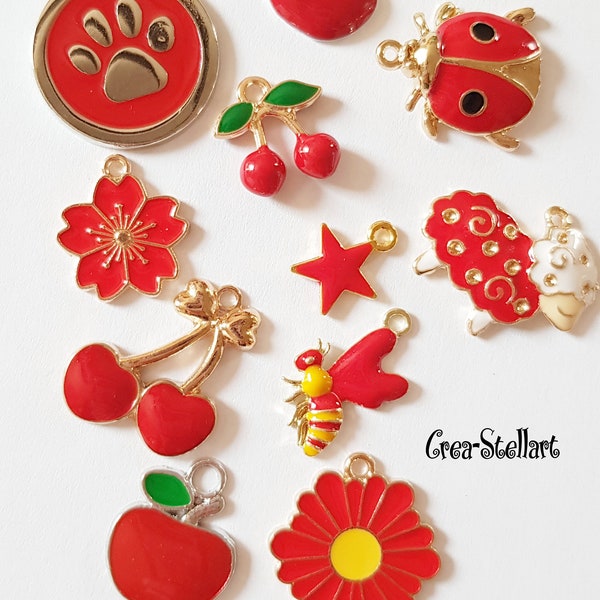 10 pcs/breloques rouges émail fruits animaux fleurs mélangés, pendentifs collier boucles d'oreilles, charms rouges pour bijoux