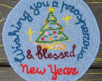 Coaster Happy New Year! Wishing you a prosperous & blessed life. Round hand embroidered table decor, useful gift for dear friend. Buy now!