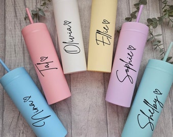Personalised Pastel Double Walled Skinny Tumblers:Wedding, Hen Do, Bridesmaid, Maid of Honour, Pink, Blue, Green, White, Yellow, Purple 16oz