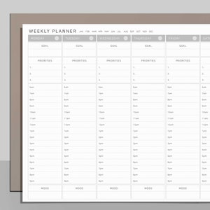 Weekly Planner Printable, Weekly Hourly Planner, Weekly Schedule Template, Minimal Weekly Planner, Digital Planner, Horizontal/A3/A4/Letter