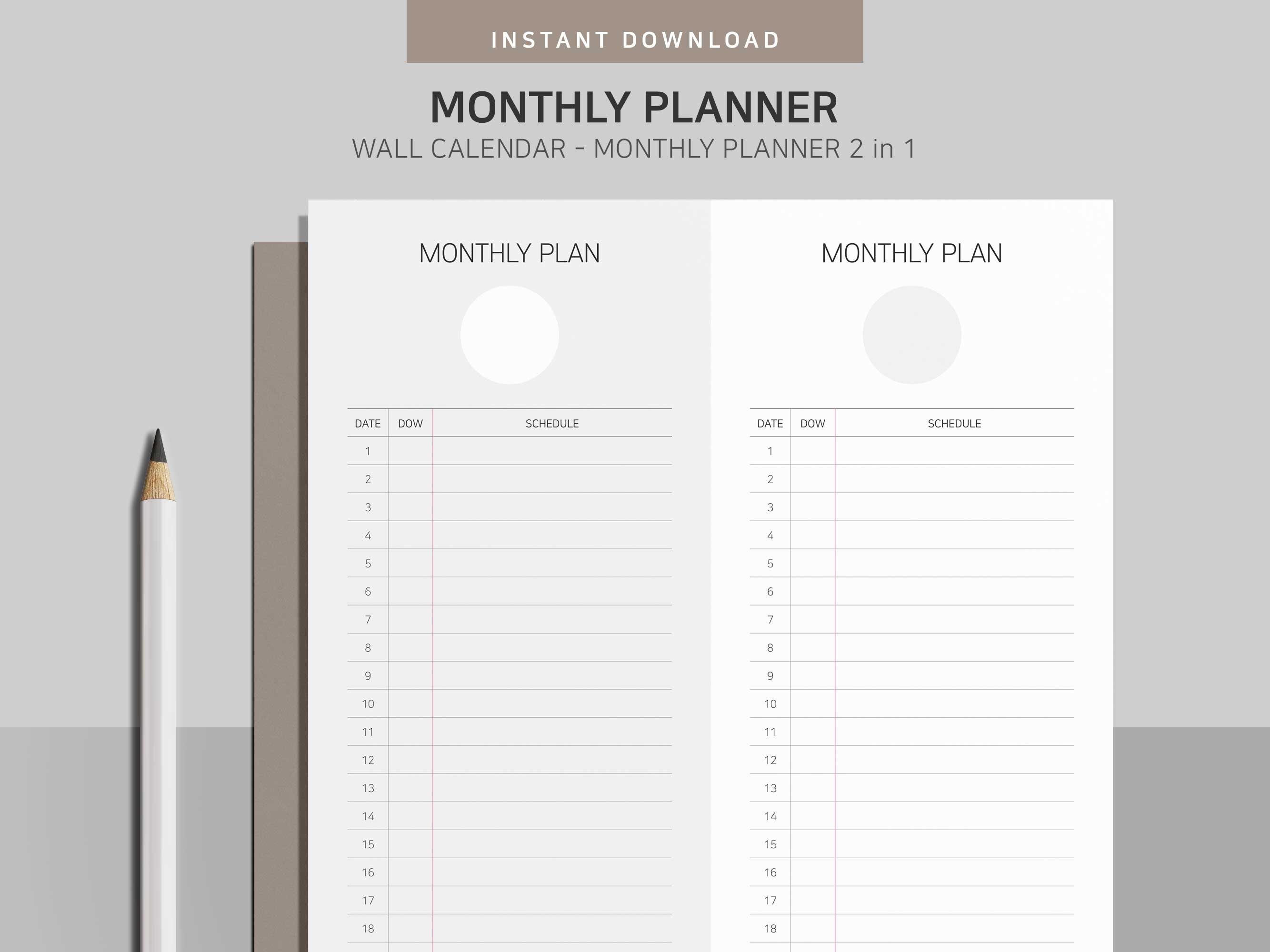 Printable Monthly Planner Printable Calendar Wall Planner - Etsy