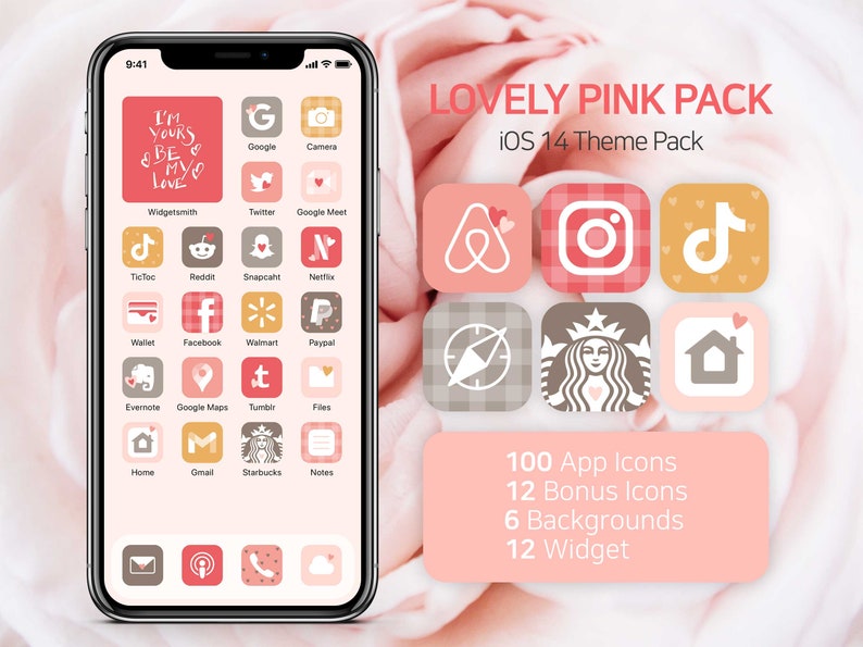 App Covers 12 Widgets 12 Bonus Icons 6 Backgrounds iPhone iOS14 App Icons Pack of Lovely Pink Theme 100 App Icons