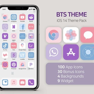 BTS iPhone iOS14 App Icons Pack, BTS Theme App Icons, 100 App Icons + 30 Bonus Icons + 4 Backgrounds + 9 Widgets, App Covers