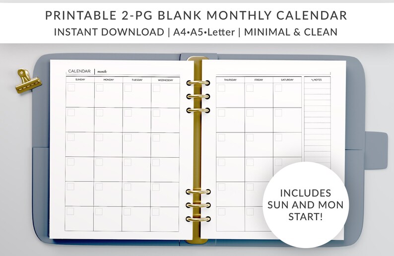 Blank monthly calendar template printable a5 filofax a4 etsy
