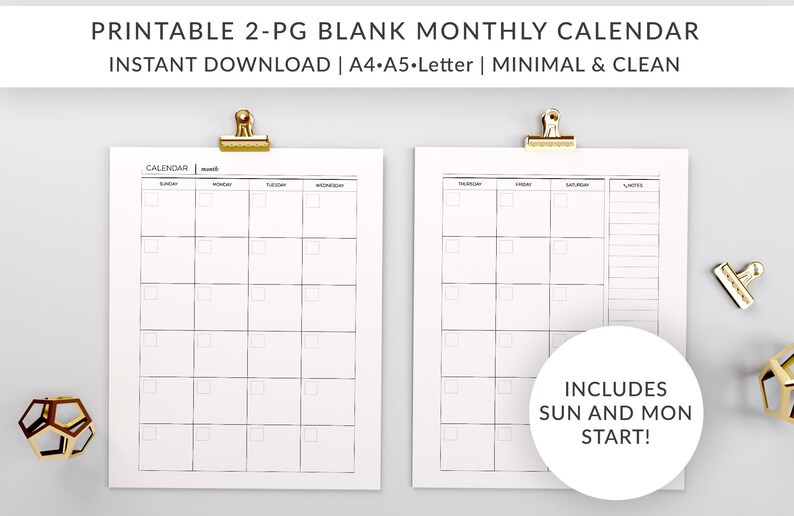 Blank Monthly Calendar Template Printable A5 Filofax A4 - Etsy