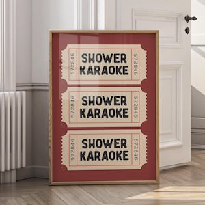 Shower Karaoke Ticket Print Red Bathroom Retro Aesthetic Shower Singing Funny Wall Art Vintage Trendy Home Decor Digital Print Download