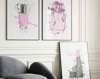 Pink Fashion Prints Set – Nail Polish, Perfume, Lipstick (Digital Download)