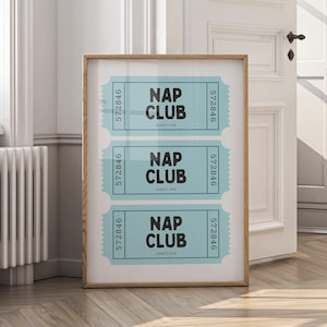 Nap Club Printable Wall Art - Retro Ticket Bedroom Decor as Above Bed Art Print - Girly Wall Art Bedroom Poster - Trendy Digital Download
