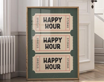 Retro Happy Hour Ticket Stub Print – Bar Cart Art (Digital Download)