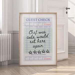 Guest Check Print - Chef Was Cute Retro Kitchen Printables & Trendy Bar Decor. Guest Check Wall Art Kitchen Wall Art Guest Check Prints