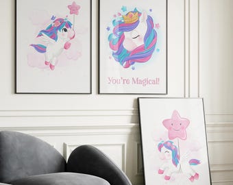 Unicorn Nursery Prints Set of 3 | Pink Magical Girls Room Decor (Digital Download)
