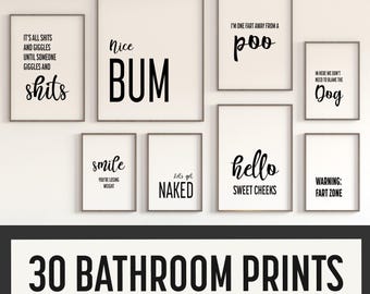 Funny Bathroom Quotes Print Set – 30 Black & White Toilet Posters (Digital Download)