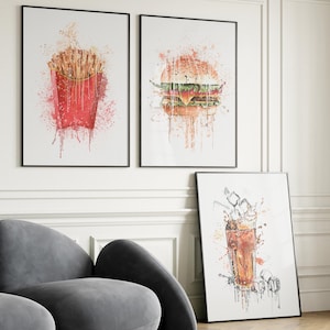 Fast Food Wall Art Set of 3 Printable Kitchen Prints | Foodie Art | Watercolour Burger, Fries, Cola Art for Dining Room & Bar Cart Decor
