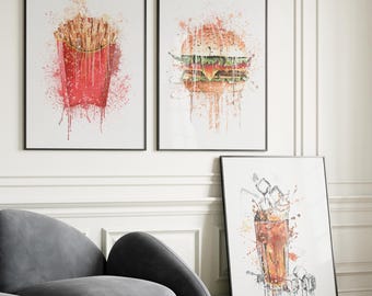 Fast Food Watercolor Art Prints | Burger, Fries, Cola (Digital Download)